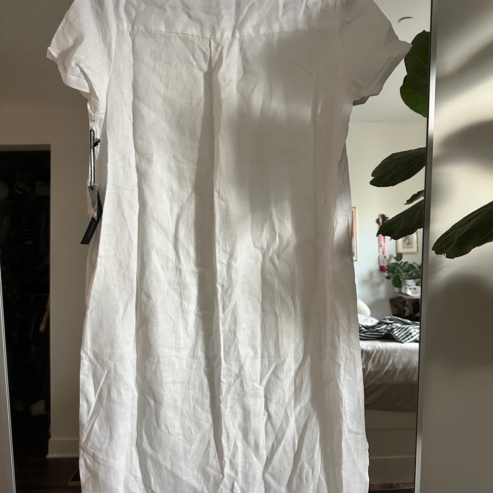 Saks Fifth Avenue linen White Button-Down Shirt Dress - Picture 5 of 8